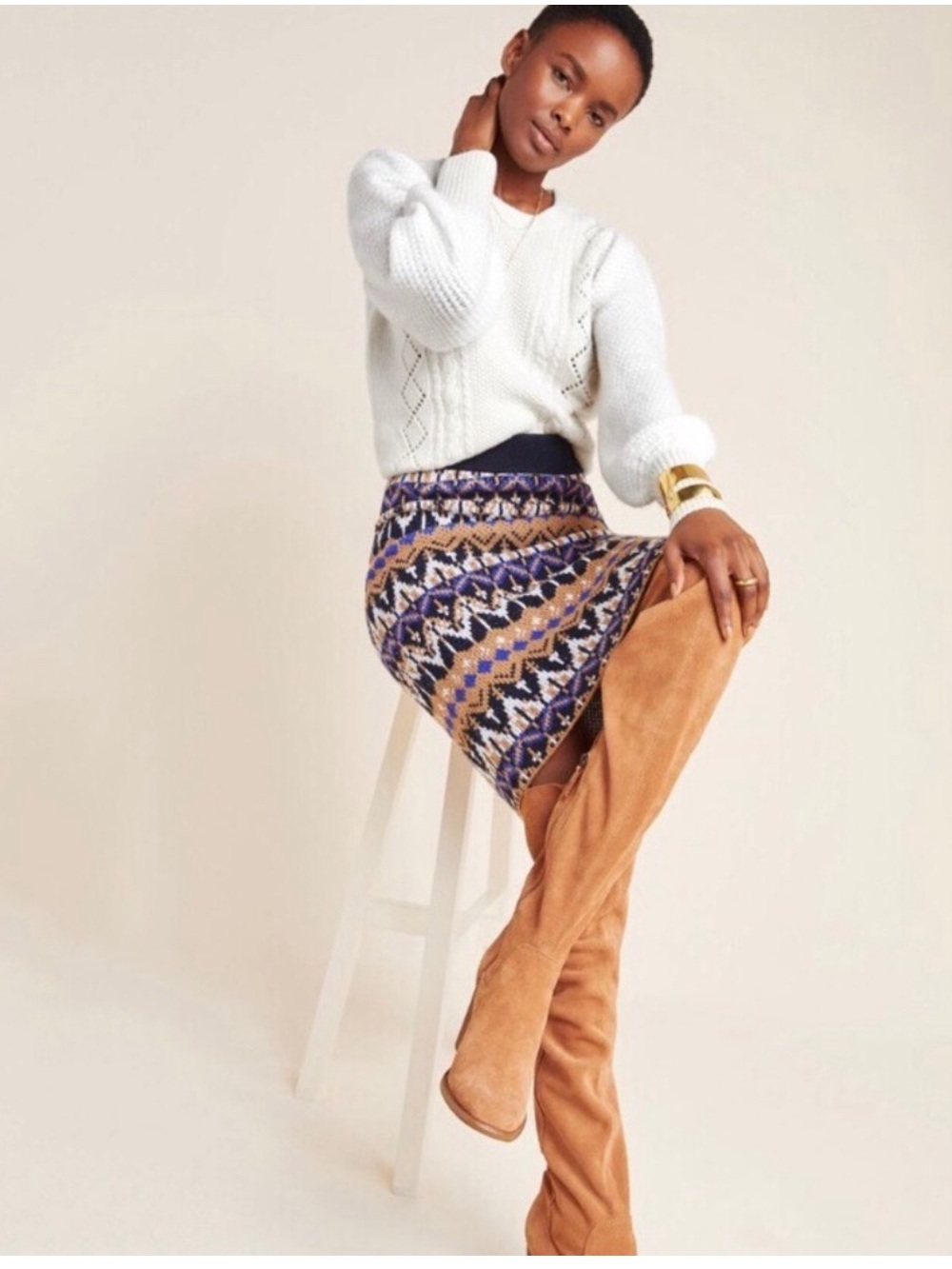 Anthropologie Saoirse Patterned Knit Mini Skirt in Navy and Tan